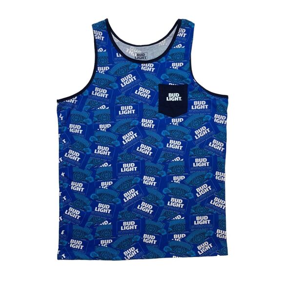 Budlight Beer Tank Top Mens L Large Blue Allover Print Sleeveless Round Neck - Picture 1 of 9